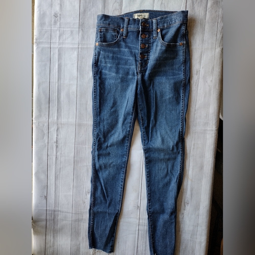 Madewell 10 High Rise Skinny Jeans Button Fly Blue Wash Raw Hem‎ Womens 26